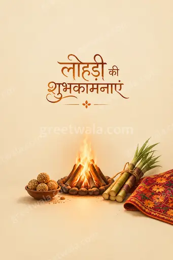 Elegant minimal Lohri card in warm golden tones featuring 'लोहड़ी की शुभकामनाएं' with cozy bonfire glow and serene festive charm.