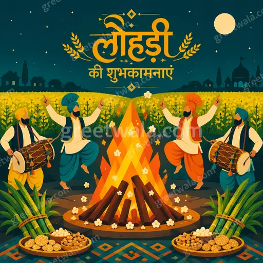 A vibrant modern flat-vector Lohri card with cozy bonfire glow, festive warmth, showcasing Hindi greeting लोहड़ी की शुभकामनाएं beautifully.