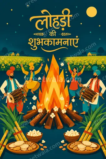 Cheerful modern flat vector Lohri card glowing with bonfire warmth, festive Punjabi motifs, and Hindi greeting लोहड़ी की शुभकामनाएं.