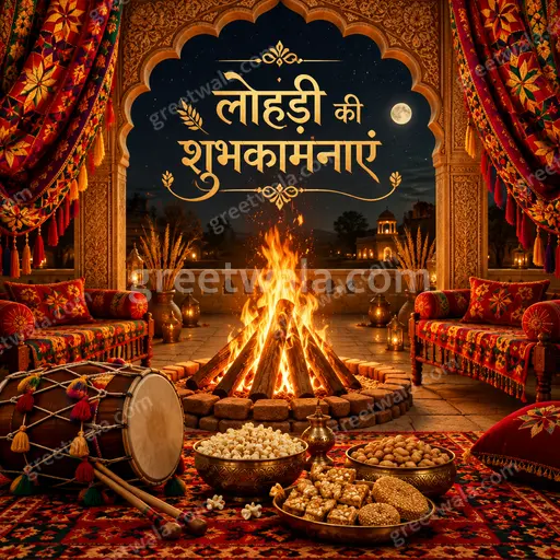 Ornate traditional Lohri greeting card in warm festive tones displaying 'लोहड़ी की शुभकामनाएं' with joyful, celebratory spirit.