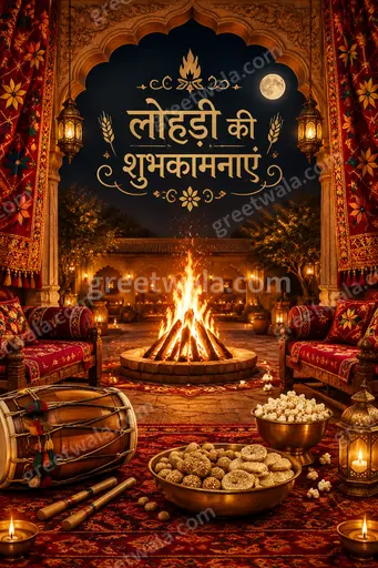 Ornate traditional Lohri card in warm festive tones with bonfire motifs displaying लोहड़ी की शुभकामनाएं in elegant Hindi lettering.