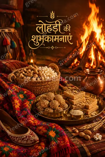 Premium showcase Lohri card with glowing bonfire, festive warmth, vibrant colors displaying 'लोहड़ी की शुभकामनाएं' elegantly.