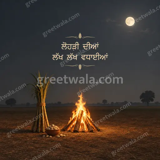 Elegant minimal Lohri card featuring 'ਲੋਹੜੀ ਦੀਆਂ ਲੱਖ ਲੱਖ ਵਧਾਈਆਂ' with warm bonfire glow and golden festive accents.