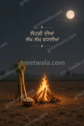 Elegant minimal Lohri card featuring "ਲੋਹੜੀ ਦੀਆਂ ਲੱਖ ਲੱਖ ਵਧਾਈਆਂ" in gold over warm bonfire glow.