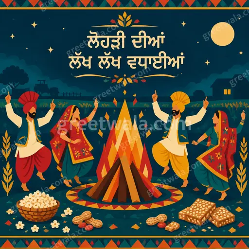 Modern flat vector Lohri card displaying 'ਲੋਹੜੀ ਦੀਆਂ ਲੱਖ ਲੱਖ ਵਧਾਈਆਂ' with cozy bonfire and joyful harvest mood.
