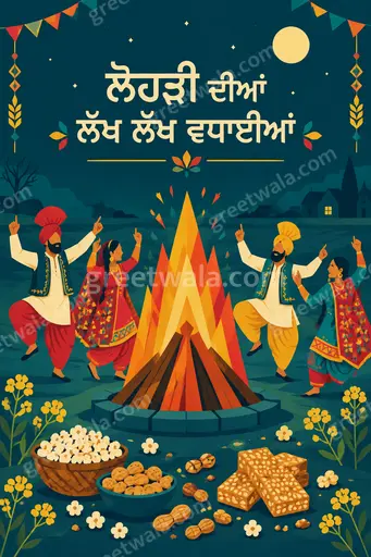 Vibrant modern flat-vector Lohri card featuring cozy bonfire glow with Punjabi greeting ਲੋਹੜੀ ਦੀਆਂ ਲੱਖ ਲੱਖ ਵਧਾਈਆਂ.