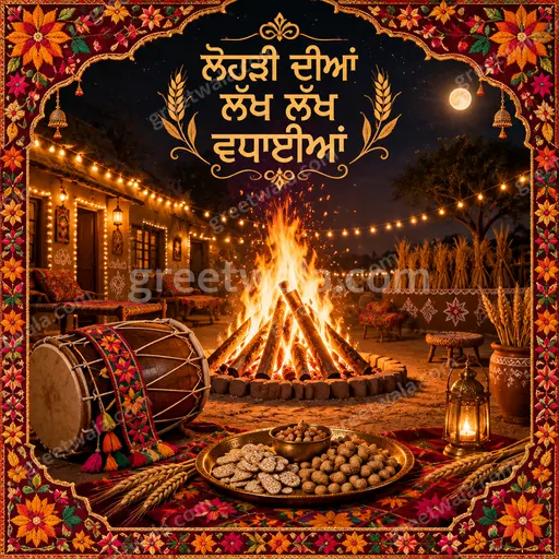 Ornate traditional Punjabi Lohri card with glowing bonfire, folk art motifs, warm golden hues celebrating joyful harvest spirit.