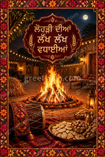 Ornate traditional Lohri card glowing with festive bonfire warmth, vibrant folk patterns and joyful Punjabi spirit.