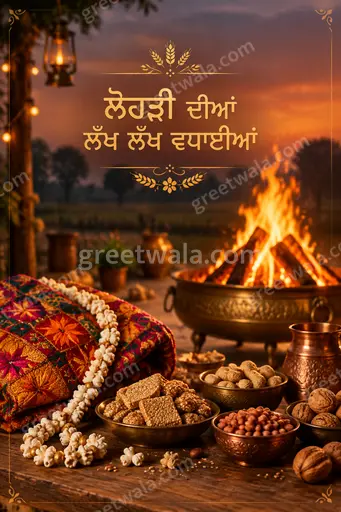 Premium festive Punjabi Lohri card with glowing bonfire, folk dancers, vibrant colors and elegant golden accents.