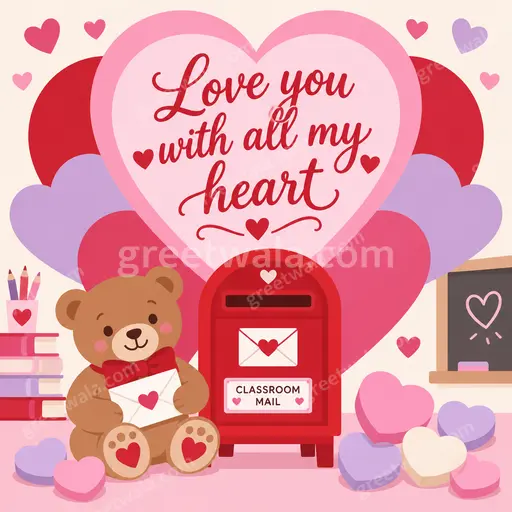 Modern flat vector love card with warm romantic hearts, soft pink tones, showing Love you with all my heart.