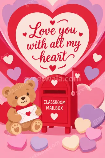 Modern flat vector love card with soft romantic hearts and warm colors displaying Love you with all my heart.