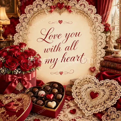 Ornate traditional Love quotes card with romantic flourishes displaying 'Love you with all my heart' in elegant warm tones.