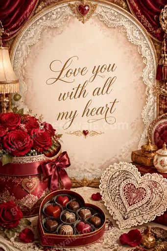 Ornate traditional love quotes card displaying 'Love you with all my heart' with golden flourishes and tender romantic warmth.