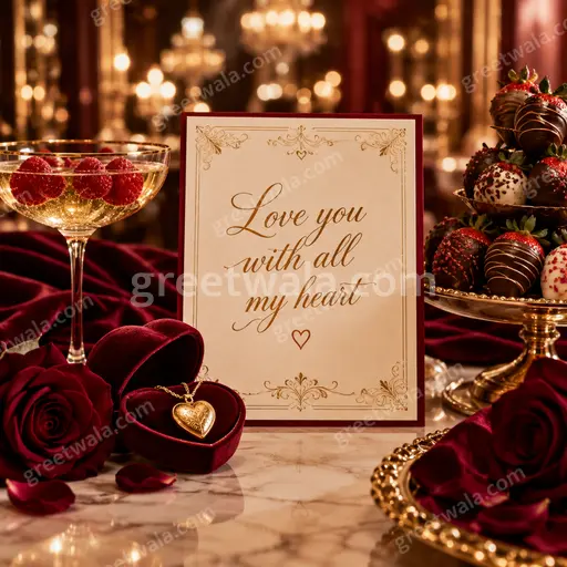 Premium love quotes card showcasing 'Love you with all my heart' in romantic elegant style with soft glowing hearts.