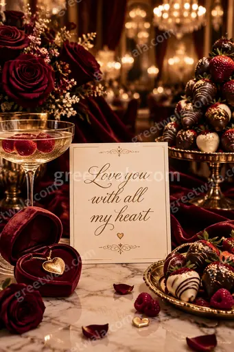 Romantic premium showcase card with soft blush roses, glowing hearts, elegant script reading Love you with all my heart.