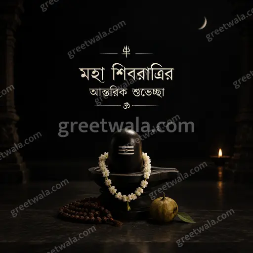 Elegant minimal Maha Shivratri card with serene dark tones, glowing diya and trishul motifs displaying মহা শিবরাত্রির আন্তরিক শুভেচ্ছা.