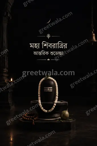 Elegant minimal Maha Shivratri card with serene Shiva motifs, soft moonlit tones, displaying Bengali greeting with peaceful devotional grace.