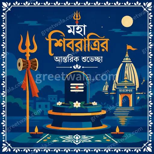 Modern flat vector Maha Shivratri card displaying মহা শিবরাত্রির আন্তরিক শুভেচ্ছা with divine tranquil blue night styling.