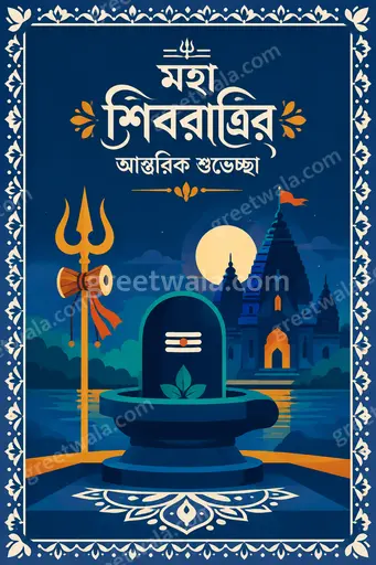 Modern flat vector Maha Shivratri card with Bengali greeting, serene Shiva motifs in deep blue and gold for peaceful devotion.
