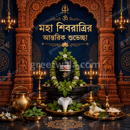 Ornate traditional card with serene divine Shiva mood, glowing diyas and trishul, displaying মহা শিবরাত্রির আন্তরিক শুভেচ্ছা.