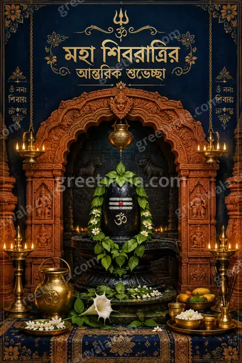 Ornate traditional Maha Shivratri greeting card in Bengali displaying 'মহা শিবরাত্রির আন্তরিক শুভেচ্ছা' with divine serene devotional elegance.