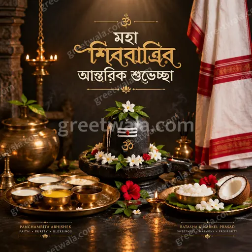 Premium showcase Bengali Maha Shivratri greeting card with glowing Shivling in serene mystical midnight-blue divine aura.