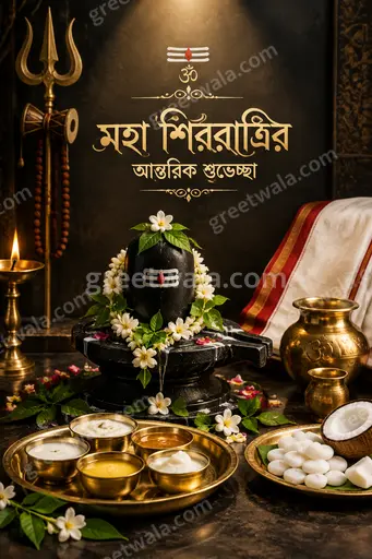 Premium showcase card displaying মহা শিবরাত্রির আন্তরিক শুভেচ্ছা with luminous Shivlinga, tranquil moonlit blues and divine serene elegance.