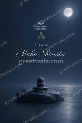 Elegant minimal Maha Shivratri card with serene moonlit tones and tranquil Lord Shiva motif saying Happy Maha Shivratri.