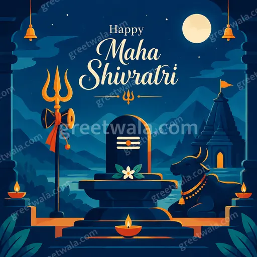 Modern flat vector card displaying Happy Maha Shivratri with serene Shiva silhouette, trishul, moon in divine peaceful blue tones.