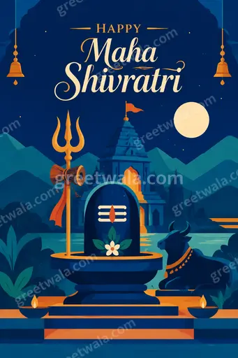Modern flat vector Happy Maha Shivratri card with glowing Shivling, crescent moon in serene divine blue ambiance.