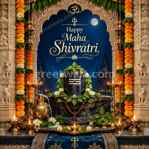 Ornate traditional card displaying Happy Maha Shivratri with glowing Shivling, moon, flowers in serene devotional blue tones.