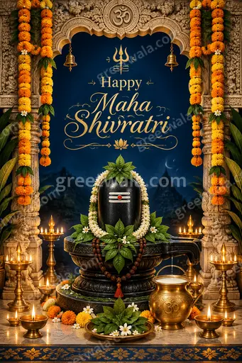 Ornate traditional card radiating divine serenity with intricate gold motifs and sacred Shivratri imagery blessing Happy Maha Shivratri.