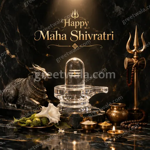Premium showcase English card featuring Happy Maha Shivratri in serene divine style with tranquil cosmic blue elegance.