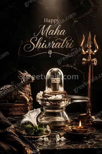 Premium Maha Shivratri greeting card featuring 'Happy Maha Shivratri' in elegant gold on a serene cosmic blue background.