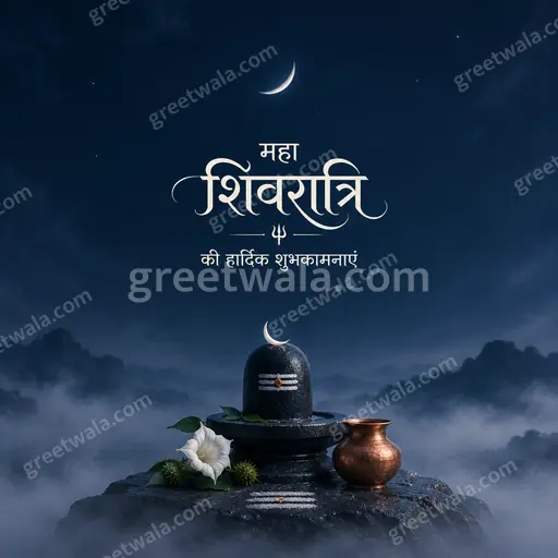 Elegant minimal Hindi Maha Shivratri card showing महा शिवरात्रि की हार्दिक शुभकामनाएं with serene moonlit calm and divine grace.