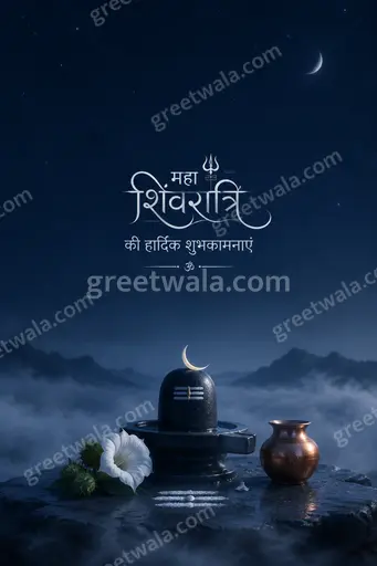 Elegant minimal Maha Shivratri card with serene blue tones, glowing diya and trishul, displaying Hindi festive wishes gracefully.