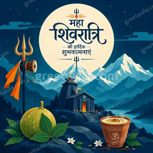 Modern flat vector card displaying महा शिवरात्रि की हार्दिक शुभकामनाएं with glowing Shivling, moon, trishul in serene blue tones.