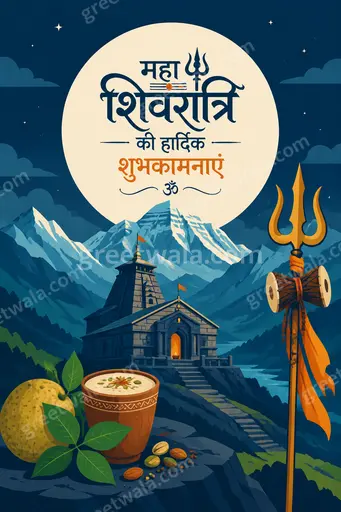 Modern flat vector card displaying 'महा शिवरात्रि की हार्दिक शुभकामनाएं' with serene Shivling, moonlit blue devotional ambiance.