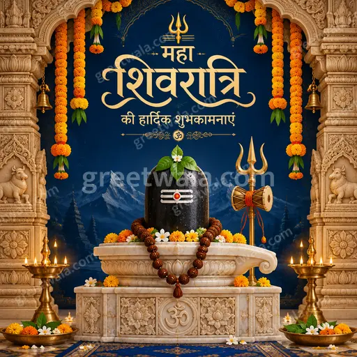 Ornate traditional Hindi Maha Shivratri card with serene divine aura, sacred motifs, glowing blues radiating devotion and peace.
