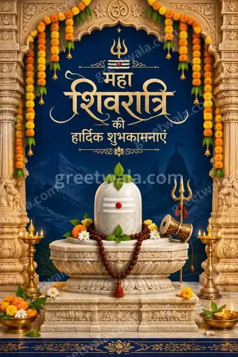Ornate traditional Maha Shivratri greeting card in Hindi displaying महा शिवरात्रि की हार्दिक शुभकामनाएं with divine serene devotional elegance.
