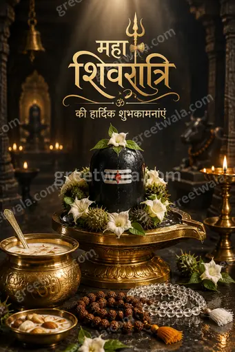 Premium Hindi Maha Shivratri card displaying महा शिवरात्रि की हार्दिक शुभकामनाएं in serene divine glowing spiritual style.