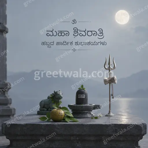 Elegant minimal Maha Shivratri card displaying Kannada greeting in gold on midnight blue with serene divine glow.