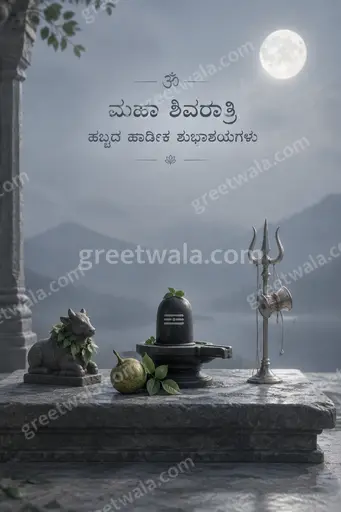 Elegant minimal Maha Shivratri card with serene moonlit Shivling aura in deep blue, graceful Kannada festive typography.