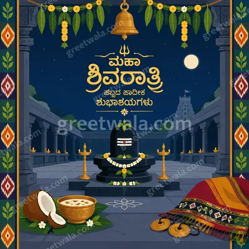 Modern flat vector card displaying 'ಮಹಾ ಶಿವರಾತ್ರಿ ಹಬ್ಬದ ಹಾರ್ದಿಕ ಶುಭಾಶಯಗಳು' with serene blue Shiva motifs in divine mood.