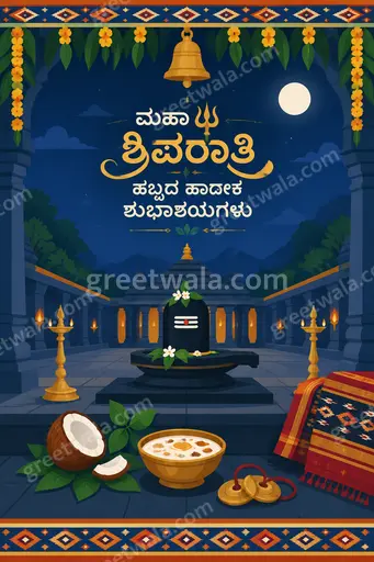 Modern flat vector Maha Shivratri card in deep blues with glowing Shivling, moon, and Kannada festive greeting text.