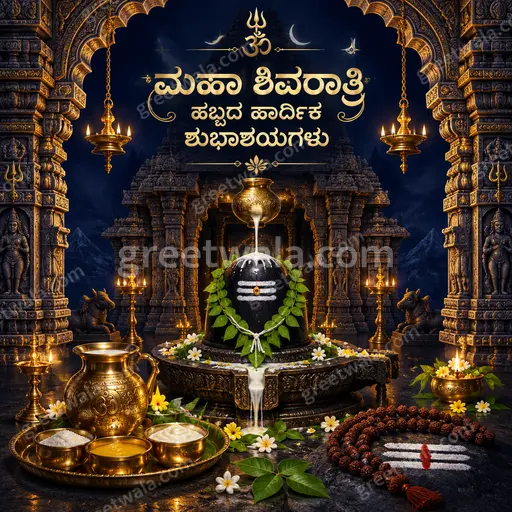 Ornate traditional Maha Shivratri card with divine glow, sacred motifs, and heartfelt Kannada festive greetings in elegant style.
