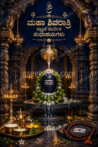 Ornate traditional Maha Shivratri card in Kannada conveying divine reverence, sacred elegance and heartfelt festive warmth.