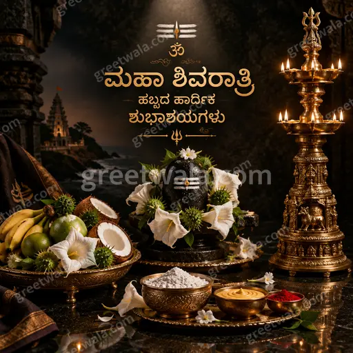 Premium Kannada Maha Shivratri card showing 'ಮಹಾ ಶಿವರಾತ್ರಿ ಹಬ್ಬದ ಹಾರ್ದಿಕ ಶುಭಾಶಯಗಳು' with serene divine moonlit sacred elegant style.