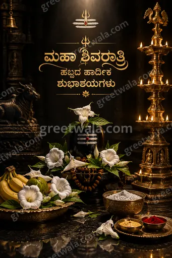 Premium Maha Shivratri card in deep midnight blue with glowing Shivling, radiant moonlight, and elegant golden Kannada festive typography.