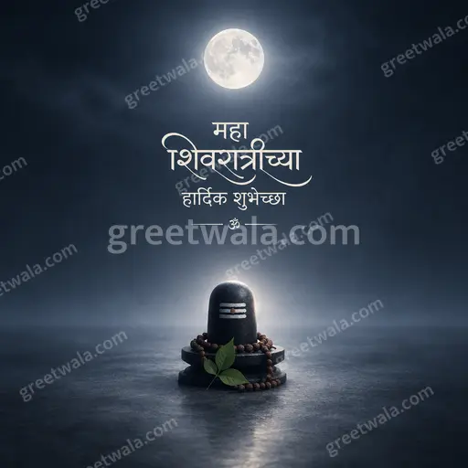 Elegant minimal Maha Shivratri card displaying "महा शिवरात्रीच्या हार्दिक शुभेच्छा" with glowing Shivling under moonlit midnight-blue serenity.